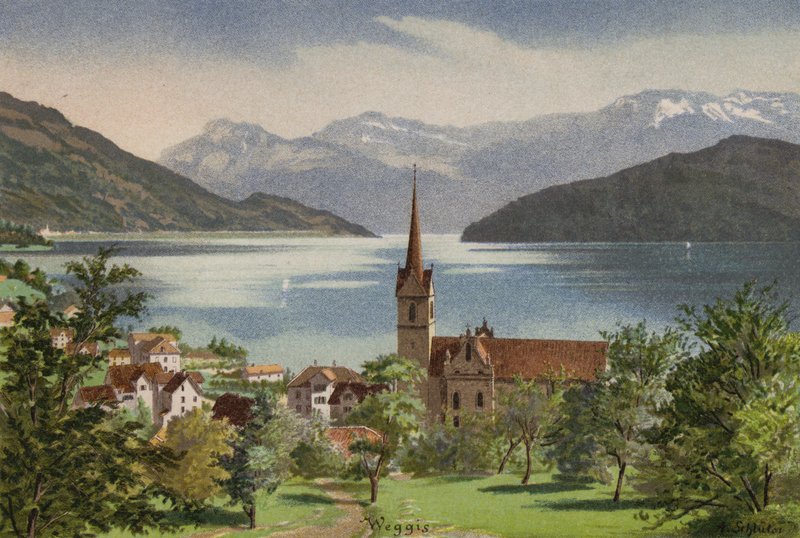 Vierwaldstättersee: Weggis (farve litho) af European School