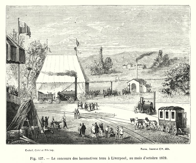Lokomotivkonkurrencen afholdt i Liverpool, oktober 1829 (gravering) af European School