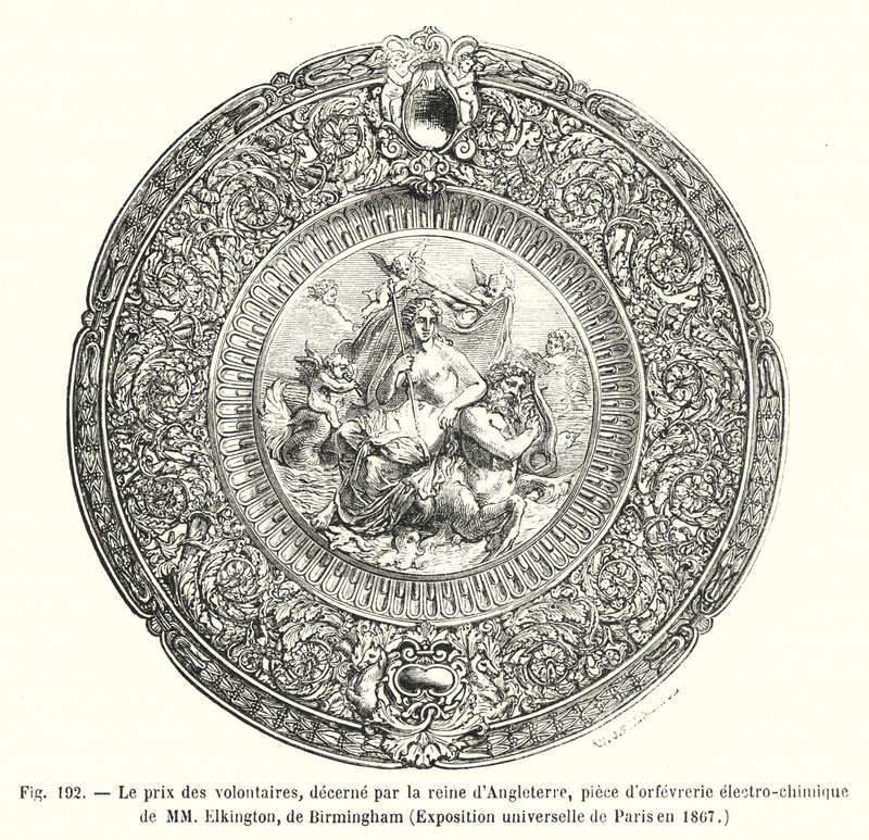 Prisen for frivillige, uddelt af dronningen af ​​England, stykke elektrokemisk guldsmedeværk af MM Elkington, Birmingham, universel udstilling i Paris i 1867 (gravering) af European School