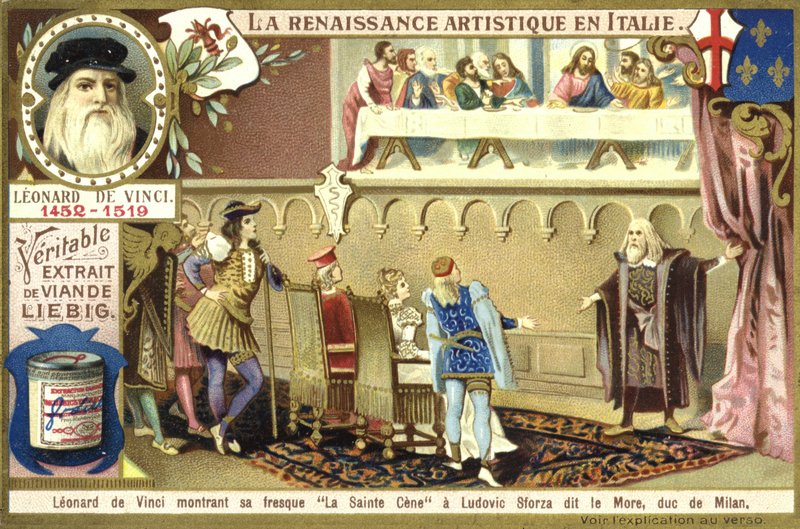 Leonardo da Vinci showing his fresco of the Last Supper to Ludovico Sforza, Duke of Milan  af European School