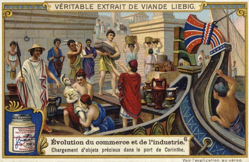 Loading precious objects onto a ship in the port of Corinth, Ancient Greece  af European School