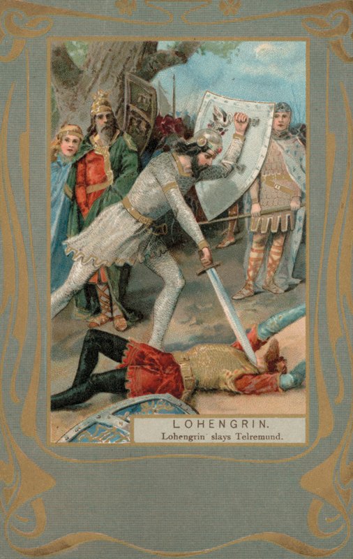 Lohengrin dræber Telremund (farvelitografi) af European School