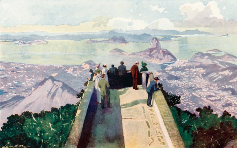 Kigger ned fra den østlige kant af Corcovado Peak, 2.300 fod (farvelitografi) af European School
