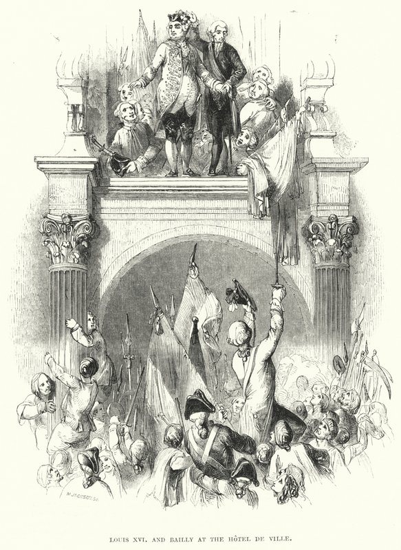 Louis XVI og Bailly på Hotel de Ville (gravering) af European School