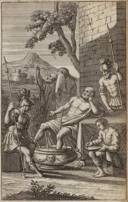 Mand badning og tænkning, muligvis Archimedes? (gravering) af European School