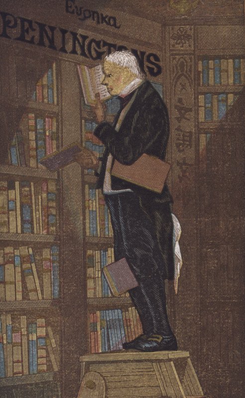 Mand på toppen af en trappestige i en boghandel (farve litho) af European School