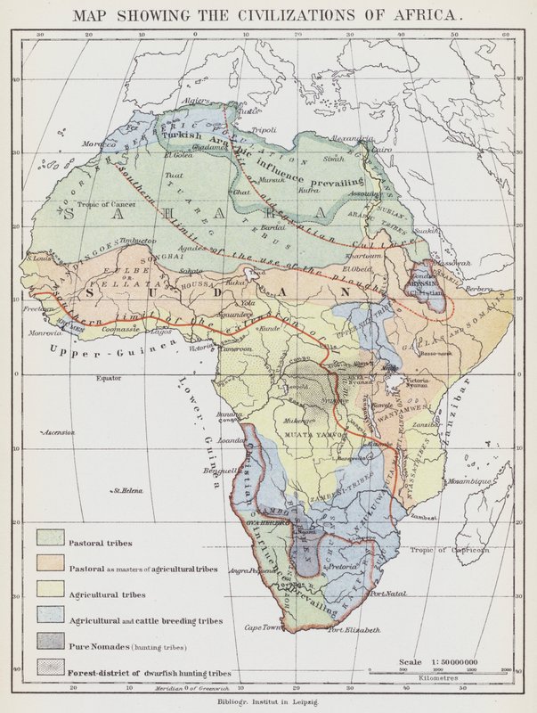 Kort over civilisationerne i Afrika (farvelitografi) af European School