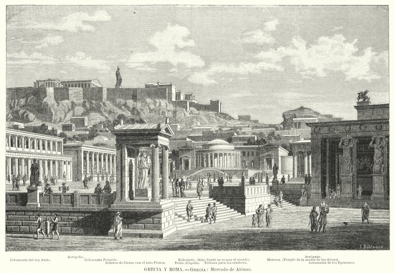 Marked i Athen, det antikke Grækenland (litho) af European School