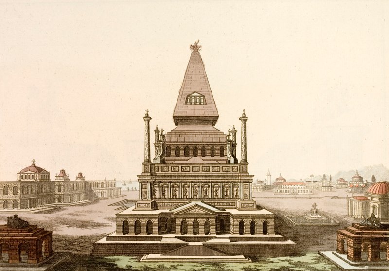 Mausoleum ved Halicarnassus, graven til den persiske satrap Mausolus, et af de syv vidundere i den antikke verden (farvet indgravering) af European School