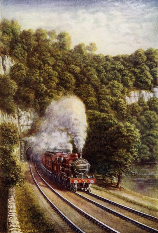 Midland Scotch eksprestog på Midland Railway, der kører gennem Yorkshire Dales (farve litho) af European School