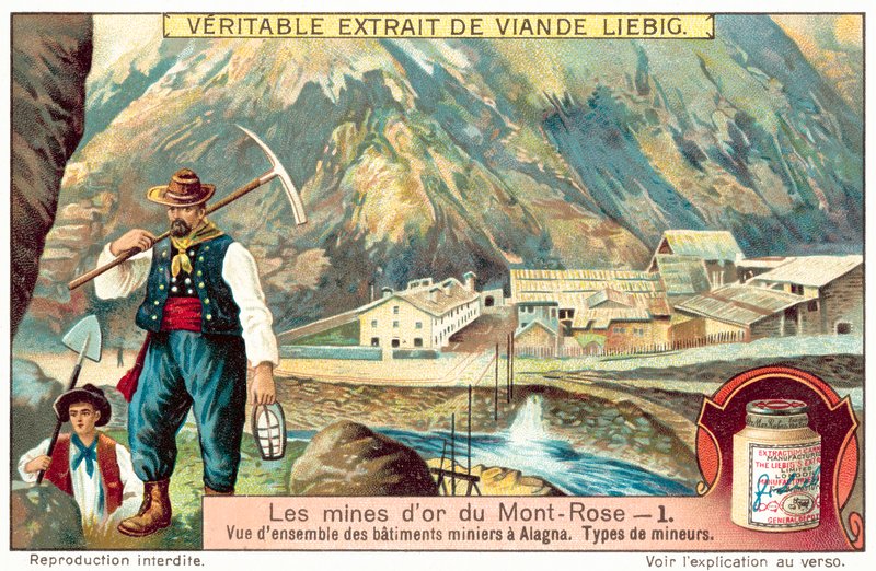 Minearbejdere og minebygninger ved Monte Rosa guldminerne, Italien (chromolitho) af European School