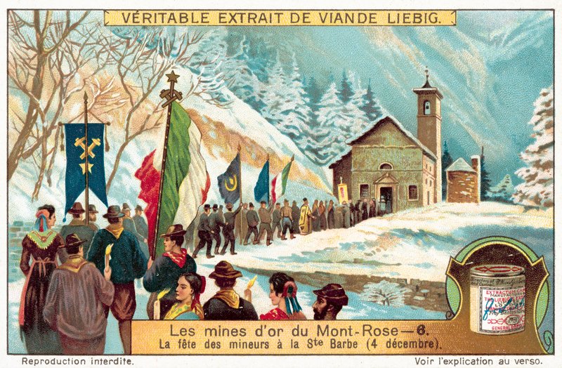 Minearbejdere i Monte Rosa-guldminerne fejrer festen for St. Barbara, skytshelgen for minearbejdere (chromolitho) af European School