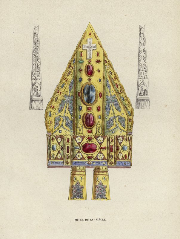 15th Century Mitre (farvet gravering) af European School