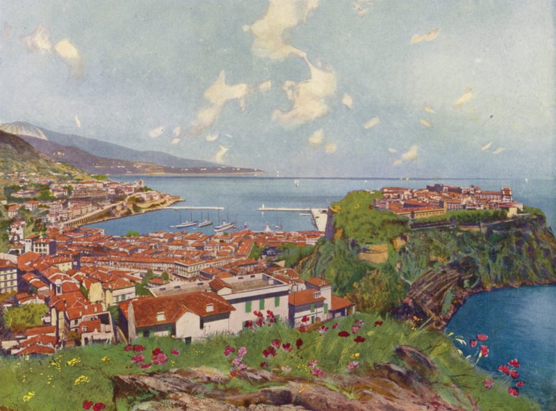 Monaco, The Rock og General View (farvelitografi) af European School