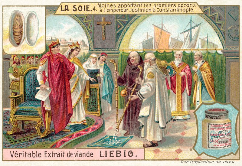 Munke bringer de første silkekokoner til kejser Justinian i Konstantinopel (chromolitho) af European School