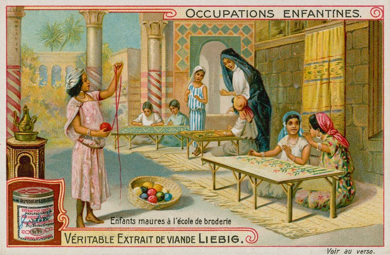 mauriske børn, der arbejder på en broderiskole (chromolitho) af European School