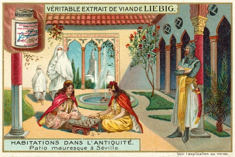 maurisk gårdhave i Sevilla (chromolitho) af European School