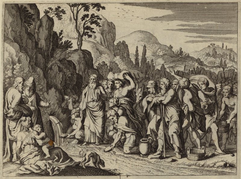Moses slår på klippen med sin stav for at bringe vand frem (gravering) af European School
