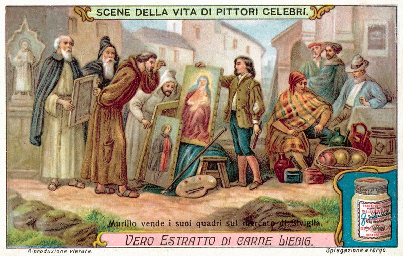 Murillo sælger sine malerier på markedet i Sevilla (chromolitho) af European School