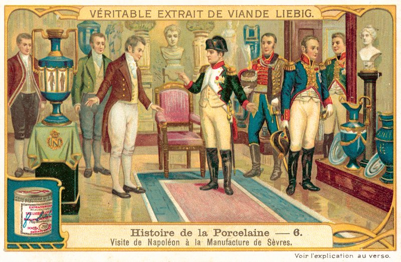 Napoleon I besøger porcelænsfabrikken i Sevres, Frankrig (chromolitho) af European School