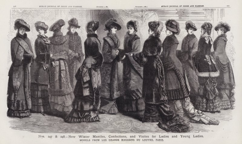 Nye vinterkapper, konfekt og visitter til damer og unge damer, modeller fra Les Grands Magasins du Louvre, Paris (kobberstik) af European School