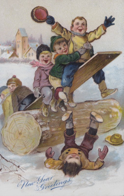 Nytårskort med billeder af børn, der leger i sneen (chromolitho) af European School