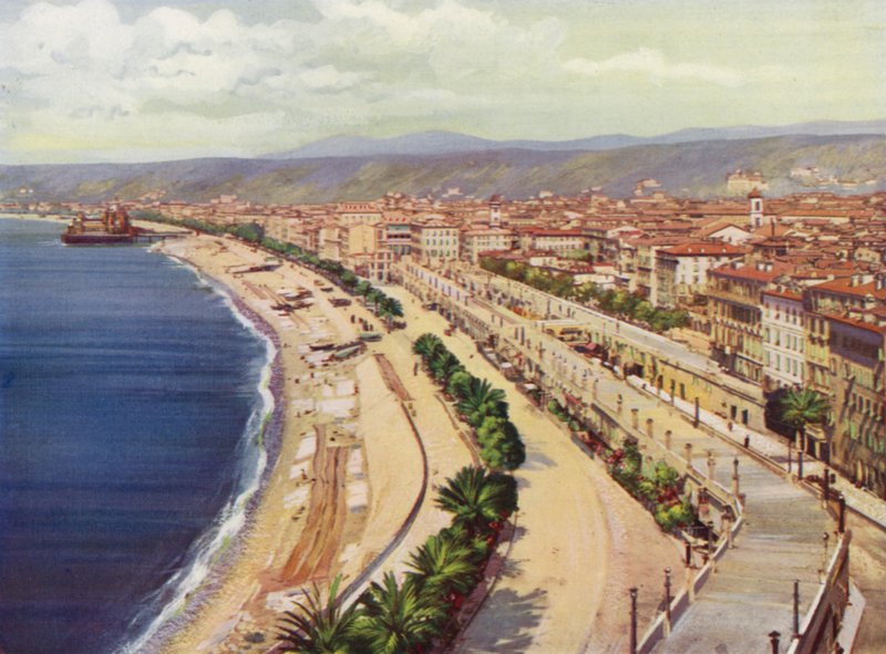 Nice, Quai du Midi og Vue Generale (farvelitografi) af European School