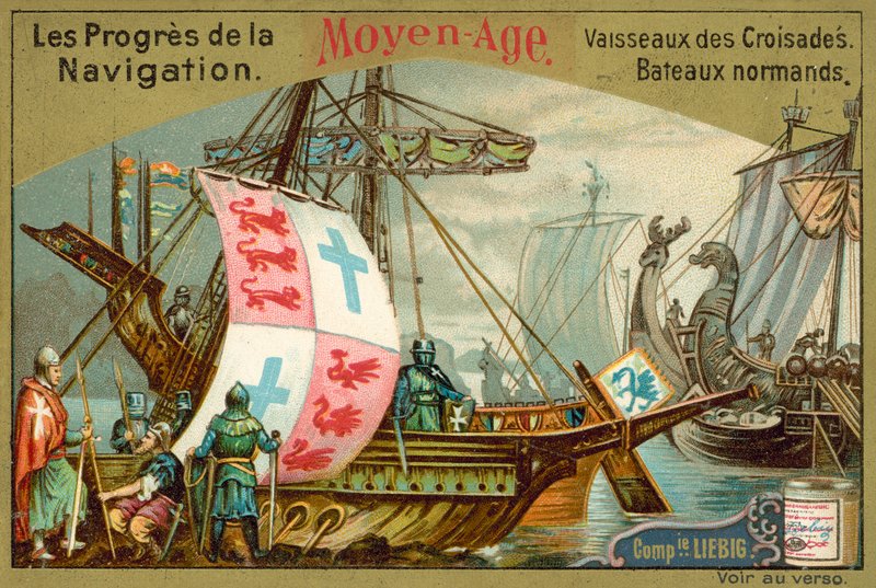 Norman- og korsfarerskibe fra middelalderen (chromolitho) af European School