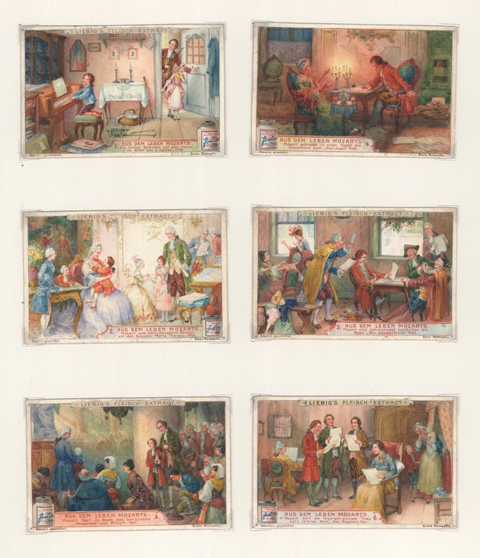 Originalt kunstværk til et sæt Liebig-kort: Life of Mozart (gouache på papir) af European School