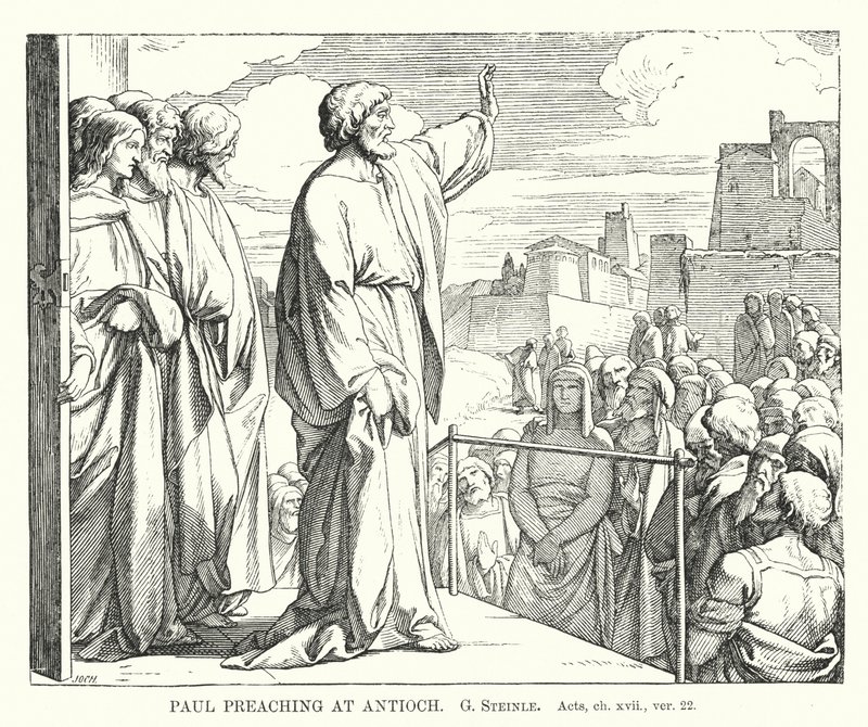 Paulus prædiker i Antiokia, Apostelgerninger, kap xvii, ver 22 (stik) af European School