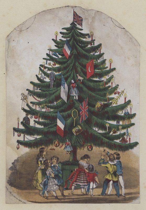 Folk under et juletræ, lykønskningskort (farve litho) af European School