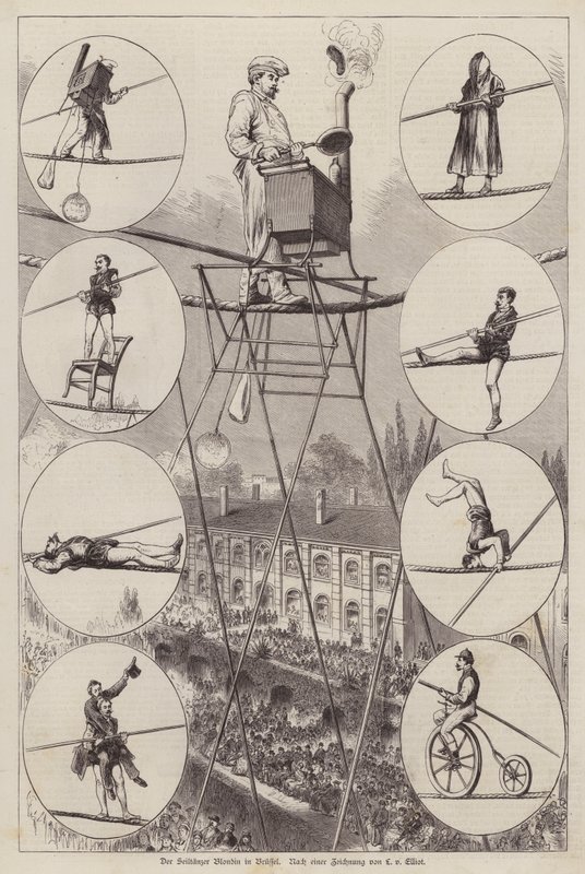 Optræden af den franske tightrope walker og akrobat Charles Blondin i Bruxelles (gravering) af European School