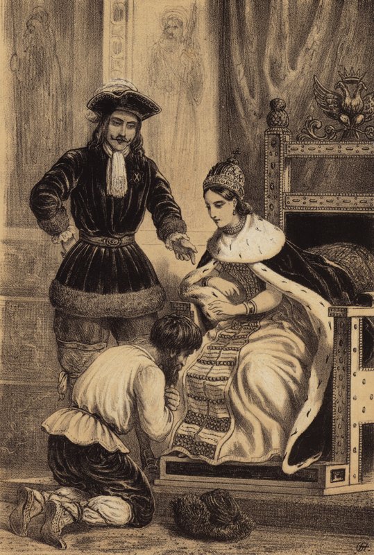 Peter den Store af Rusland beordrede Karol Skowronski til at kysse nederdelen af sin søster, kejserinde Catherine I (litho) af European School