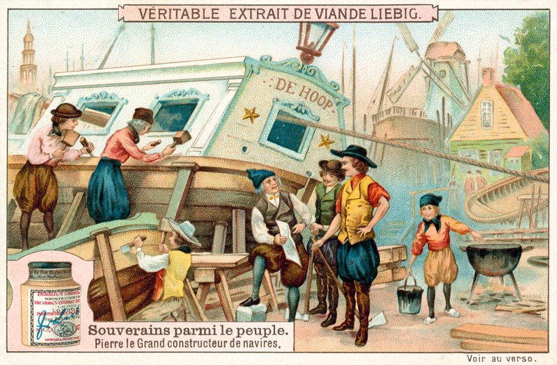 Peter den Store arbejder som skibsbygger i Holland (chromolitho) af European School