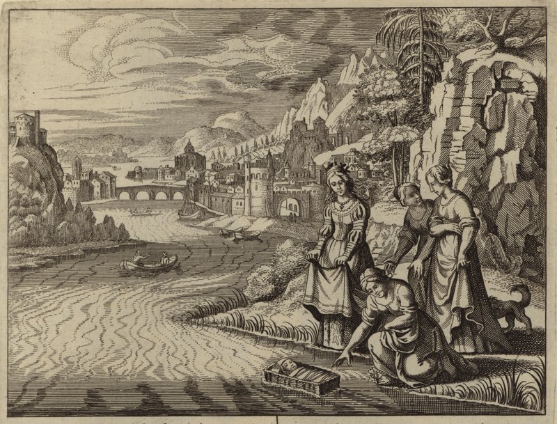 Faraos datter opdager spædbarnet Moses, der flyder på Nilen (gravering) af European School