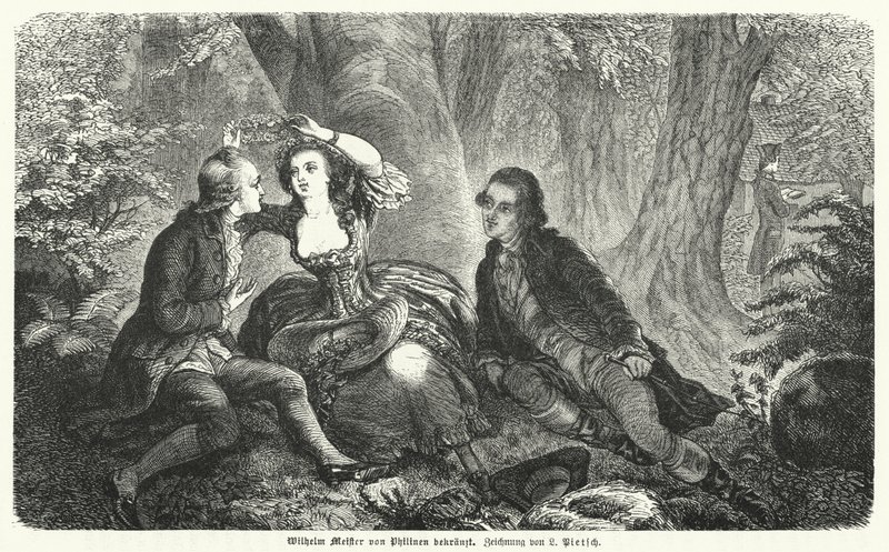 Philinen kroner Wilhelm Meister med en krans: scene fra Johann Wolfgang Goethes roman Wilhelm Meisters Lehrjahre (stik) af European School