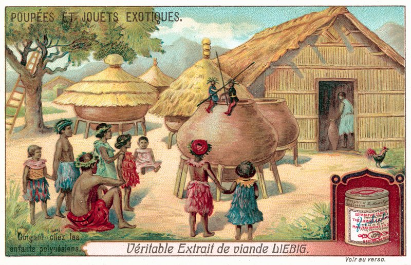 Polynesiske børn ser et dukketeater (chromolitho) af European School