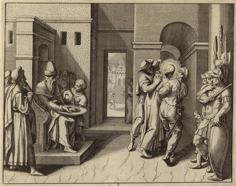 Pontius Pilatus vasker sine hænder efter at Jesus Kristus er blevet dømt til døden (gravering) af European School