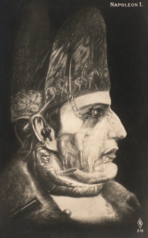Portræt af Napoleon Bonaparte med scener fra hans slag tegnet på hans ansigt og hat (litografi) af European School