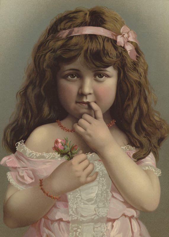 Portræt af en pige, der holder en blomst (farve litho) af European School