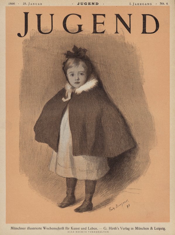 Portræt af en lille pige iført en kappe (farve litho) af European School
