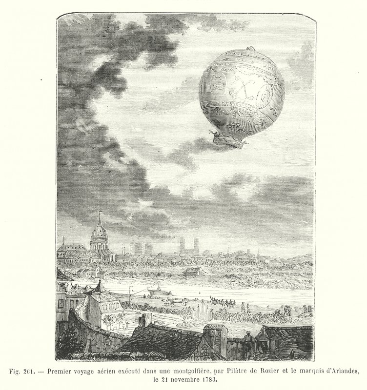 Første luftrejse i en luftballon, af Pilatre de Rozier og Marquis d