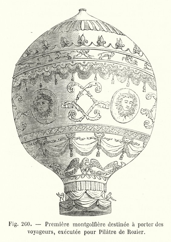 Første luftballon beregnet til at transportere passagerer, henrettet for Pilatre de Rozier (gravering) af European School