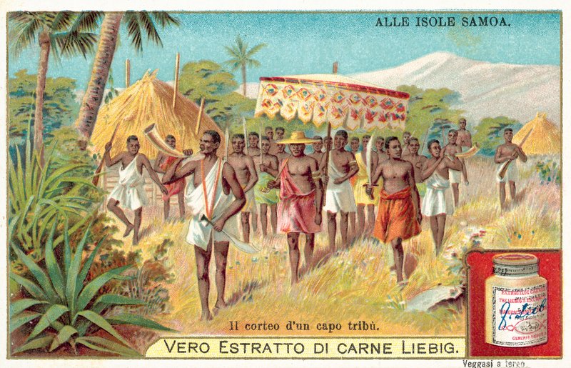 Procession af en samoansk stammehøvding (chromolitho) af European School