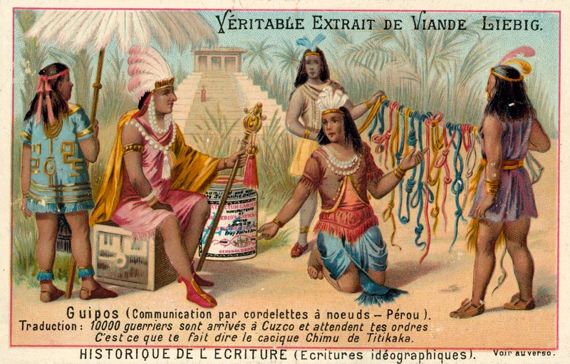 Quipus, kommunikationssystem ved hjælp af knyttede strenge, Peru (chromolitho) af European School