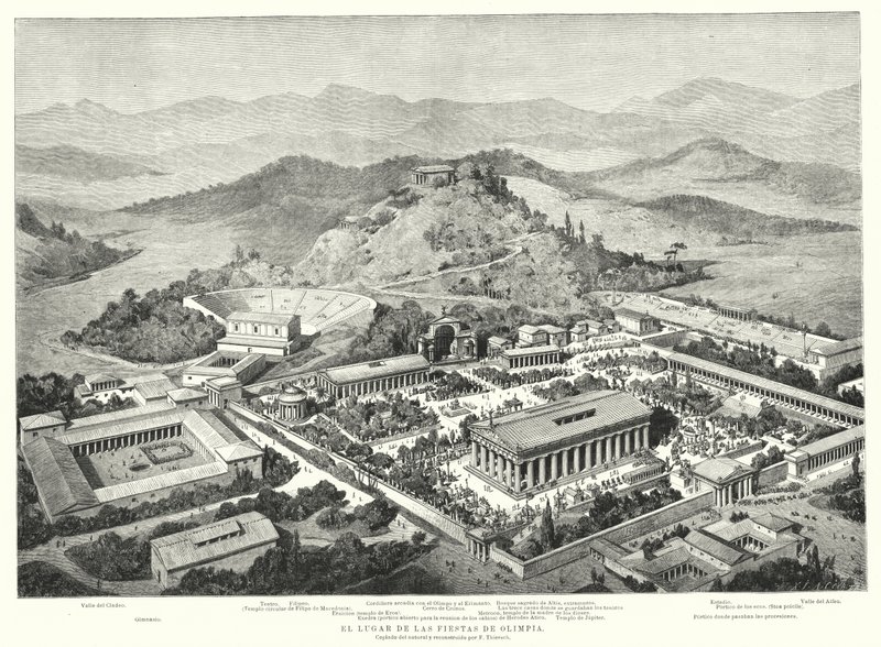 Genopbygning af det gamle Olympia, Grækenland (litho) af European School