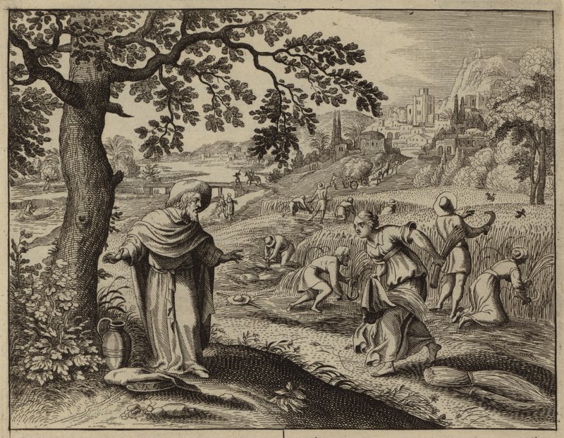 Ruth møder Boaz, mens han sanker på hans mark (gravering) af European School