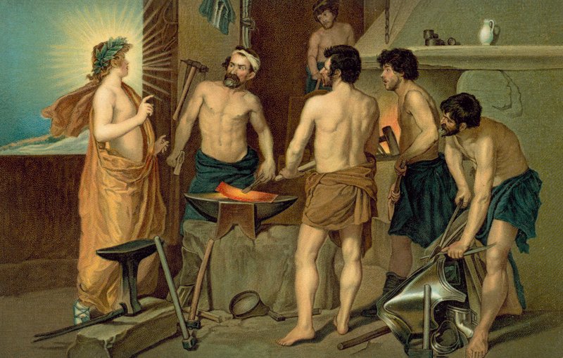 Den hellige viser sig for smedene i en smedje (chromolitho) af European School