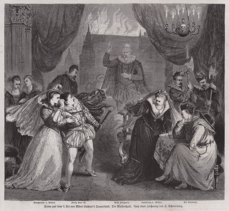 Scene fra tredje akt af den tyske dramatiker Albert Lindners tragedie Die Bluthochzeit (Blodbrylluppet) (gravering) af European School