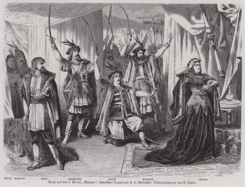 Scene fra 3. akt af den tyske dramatiker Salomon Hermann Mosenthals historiske drama Maryna (stik) af European School